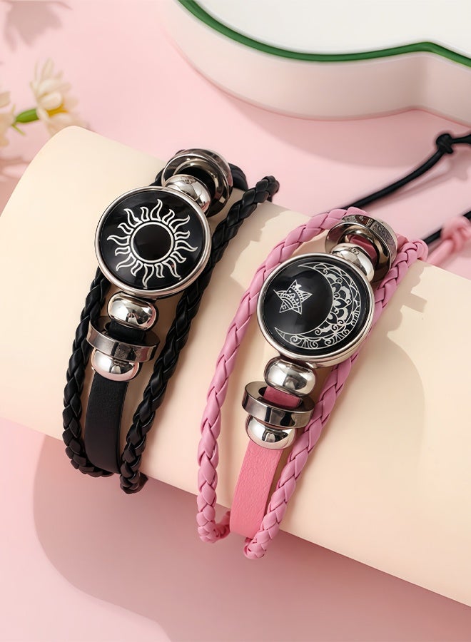 Happy D Glow-in-the-dark Sun and Moon Bracelet Glow-in-the-dark Woven Leather Jewelry Friendship Bracelet Couple Bracelet Woven Bracelet Student Couple Gift Bracelet - Image 3